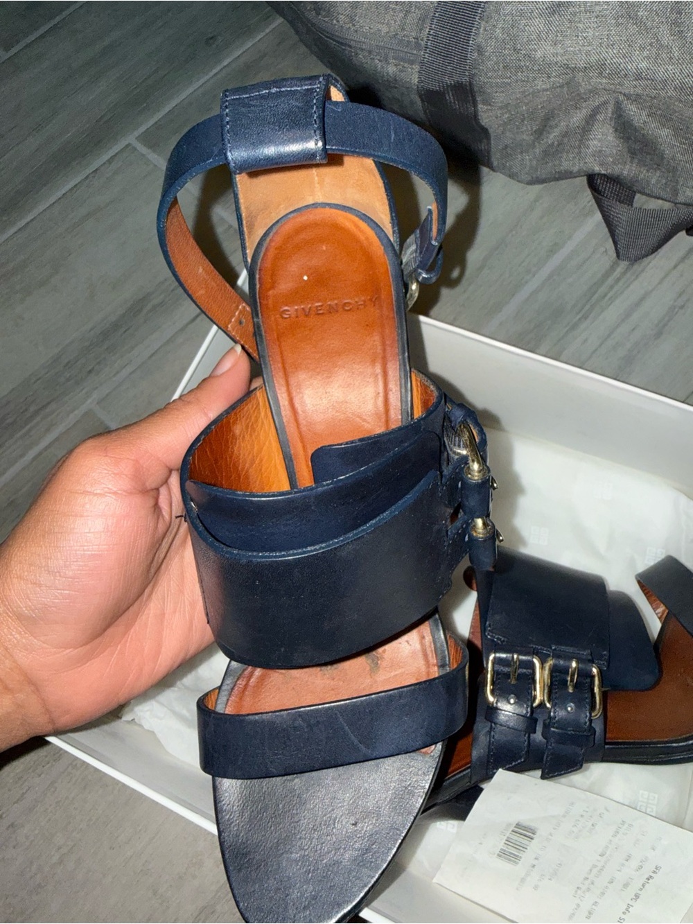 Givenchy Navy Leather Buckle Sandals with Gold Hardware
